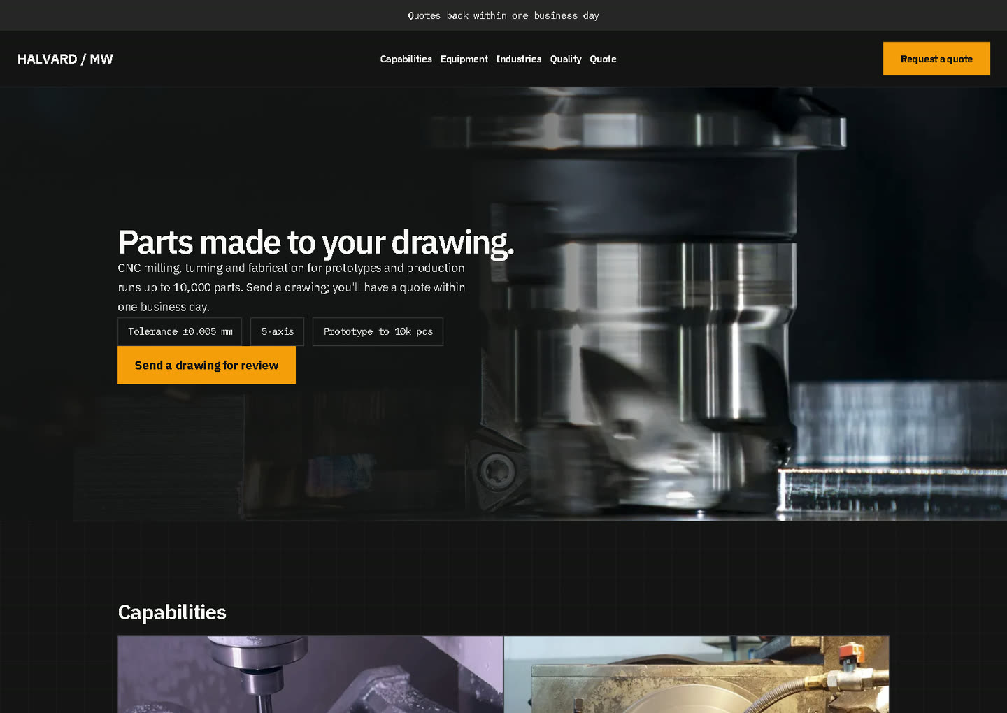 Halvard Machine Works demo site with a request-a-quote form
