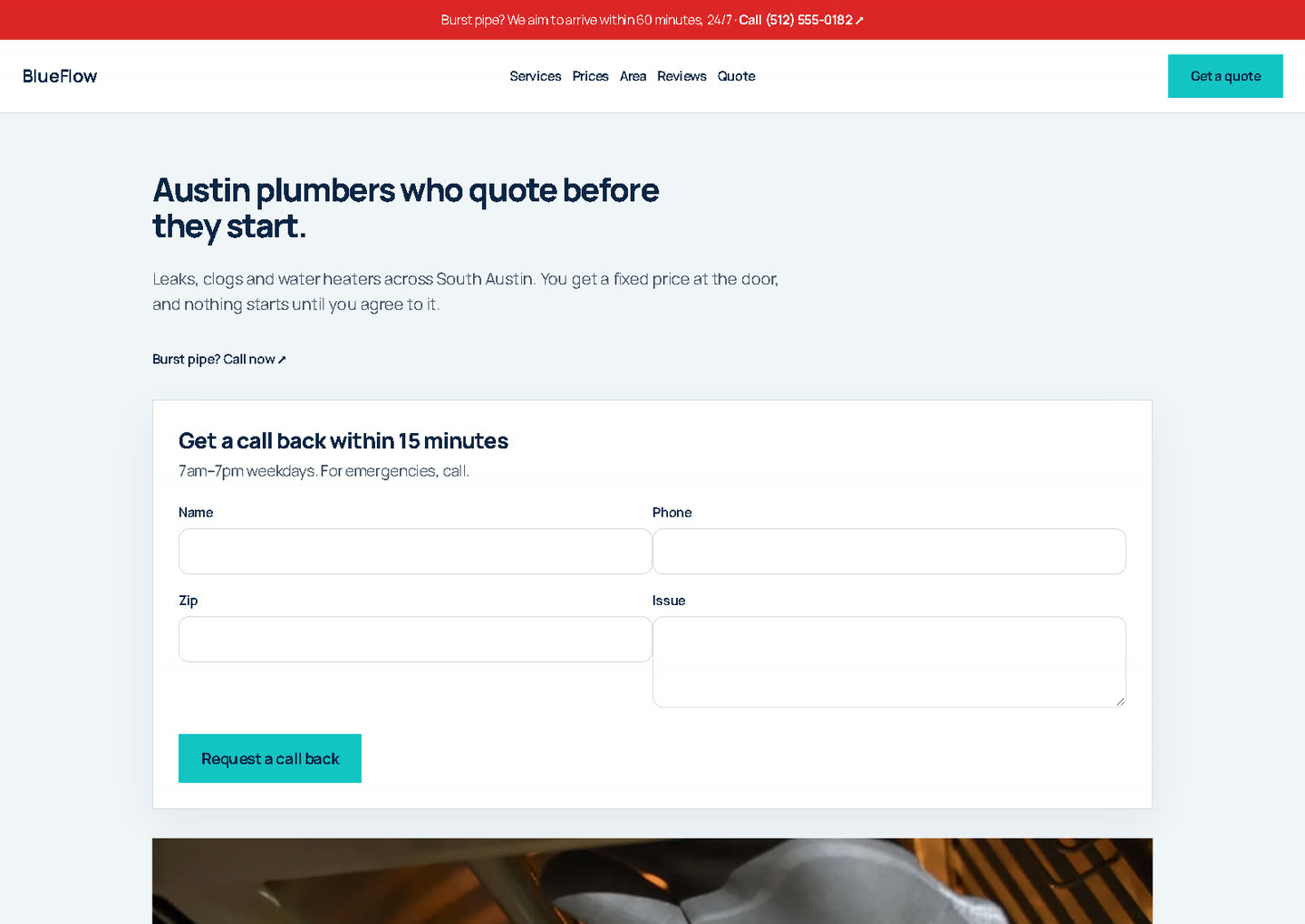 BlueFlow Plumbing demo site with a quote request form