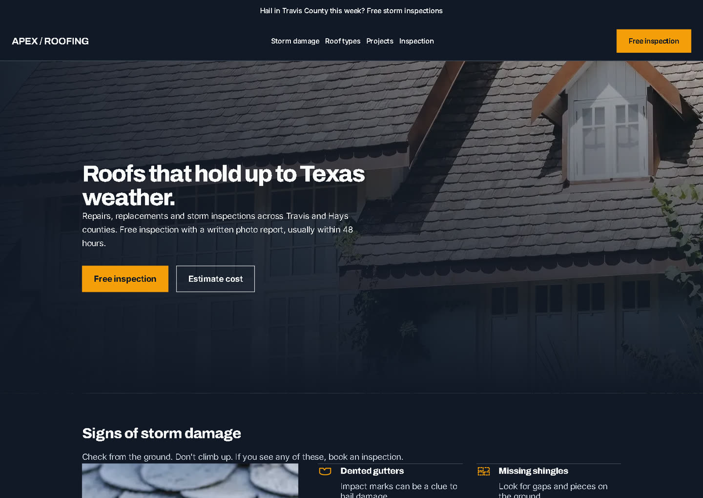 Apex Roofing demo site with a free estimate form