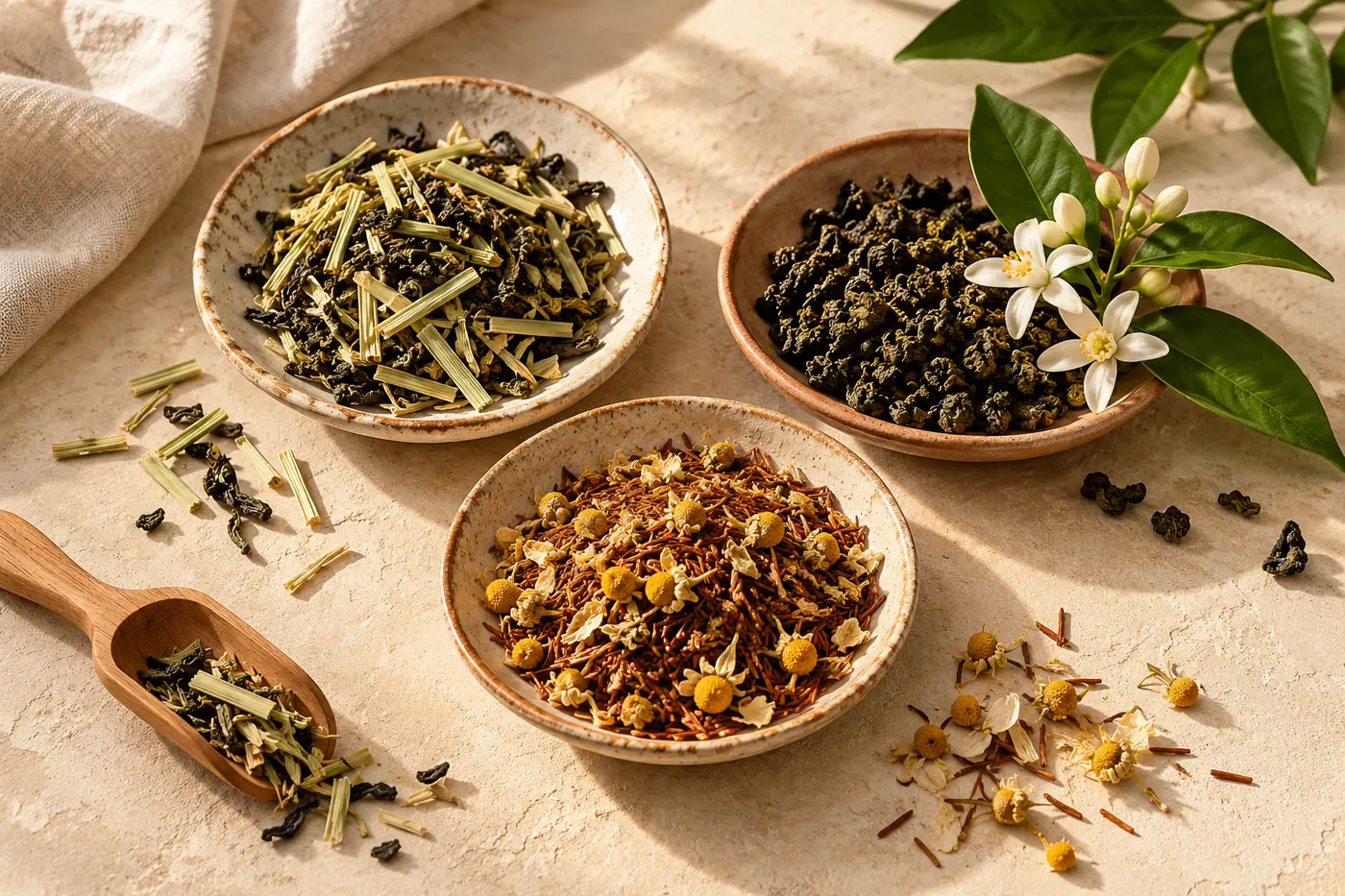 Overhead dishes of lemongrass and green tea, orange blossom with oolong, and chamomile with rooibos