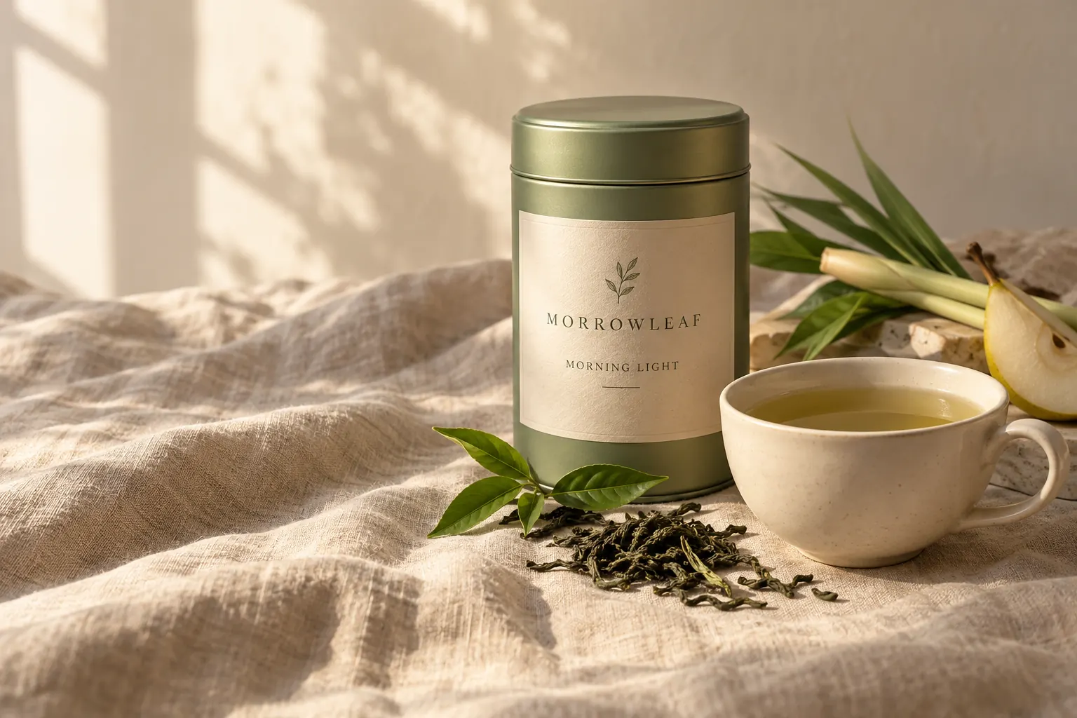 Sage green Morrowleaf tea tin, ceramic cup, pear and lemongrass on a sunlit linen cloth