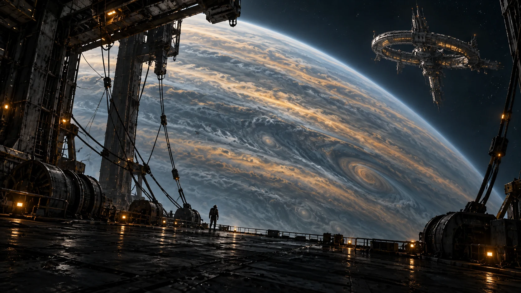From a worn docking gantry, a lone navigator looks across Ilyr toward a distant ring station above the gas giant’s cloud bands.
