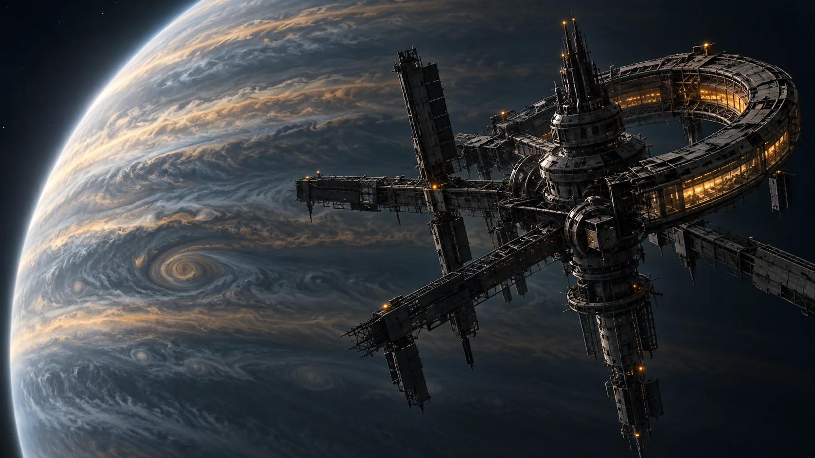 An abandoned orbital station above a cloud-banded gas giant