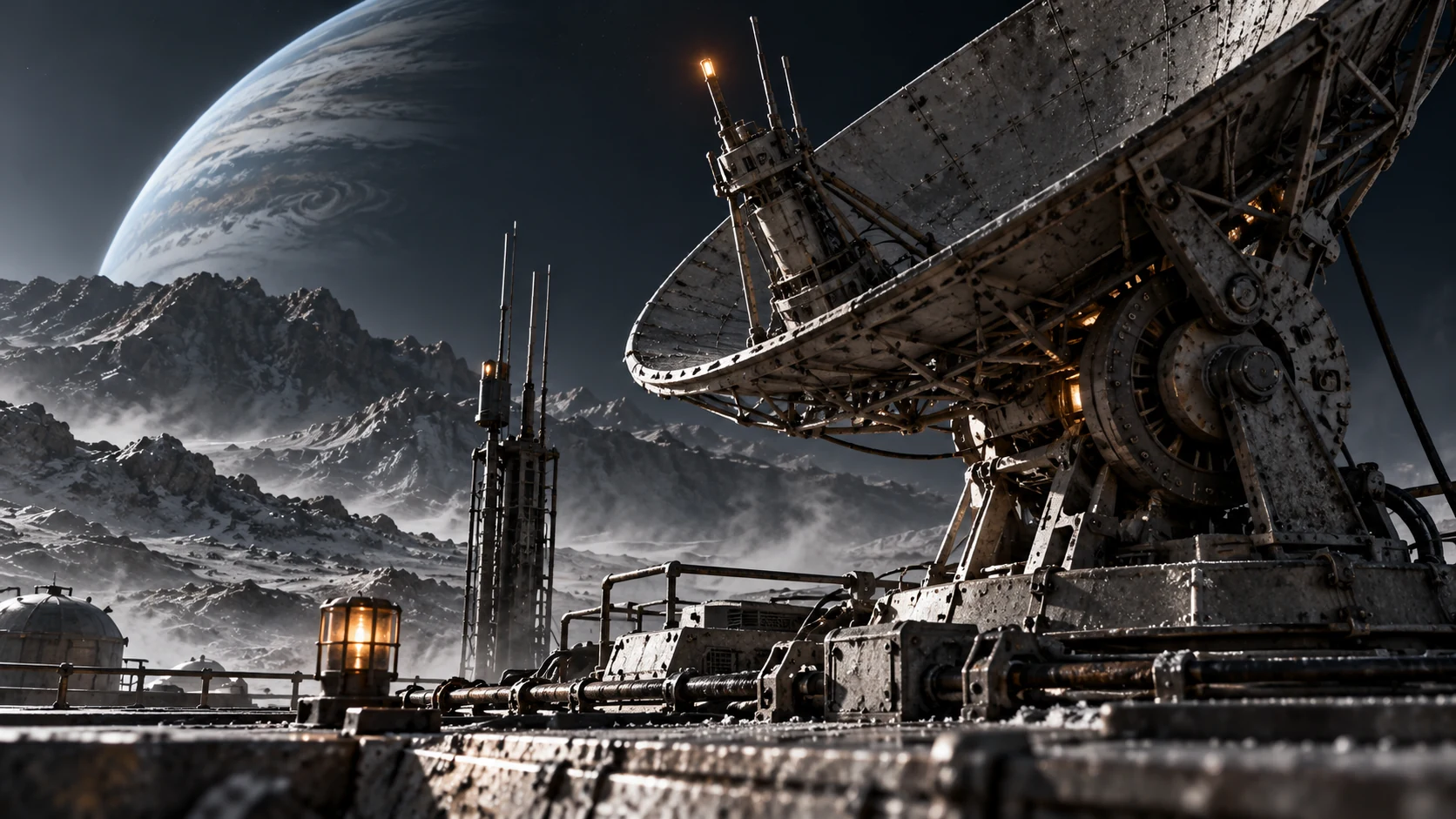 Frame 1 of 3: a weathered antenna assembly catches one amber beacon above the moon base.