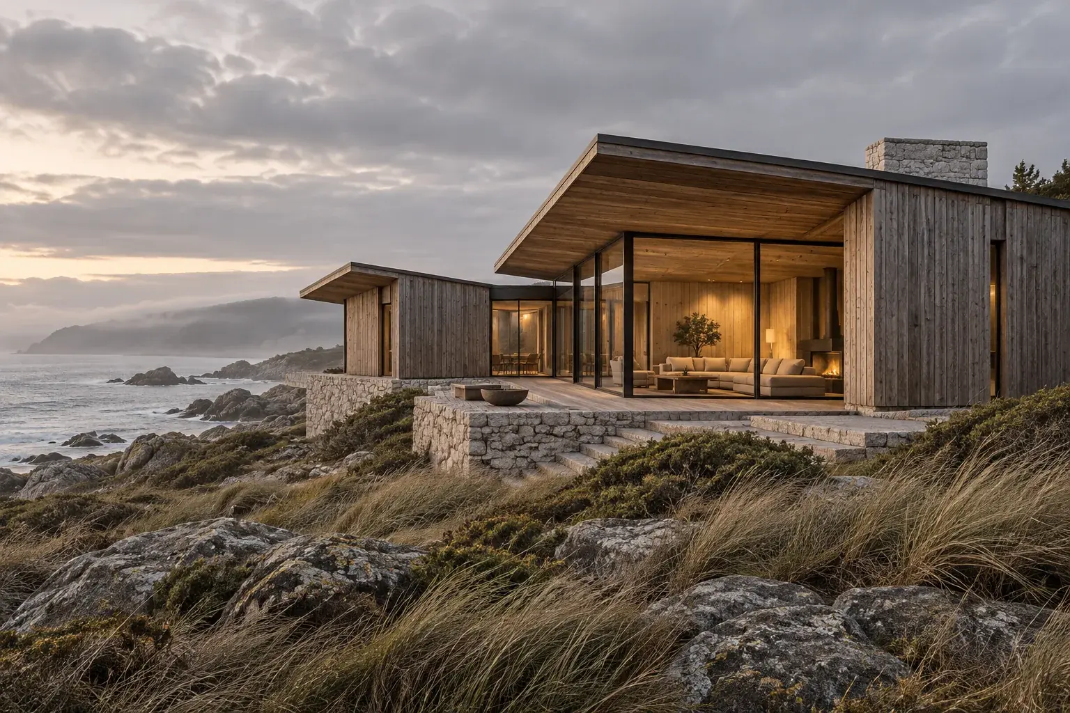 Weathered cedar and limestone coastal home beneath deep eaves