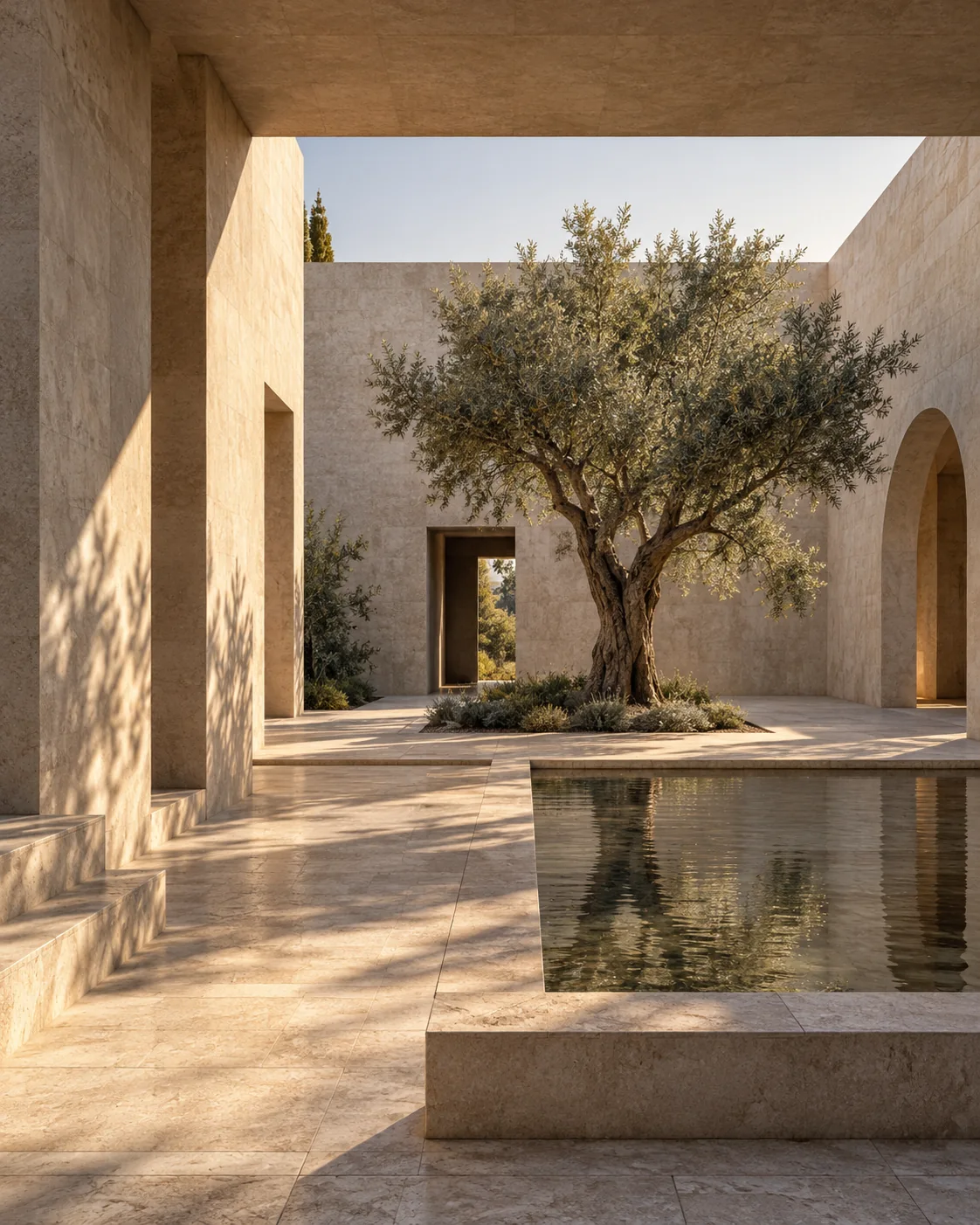 Pale stone pavilion beside a shallow reflecting pool, framed by a sheltered courtyard and soft afternoon light