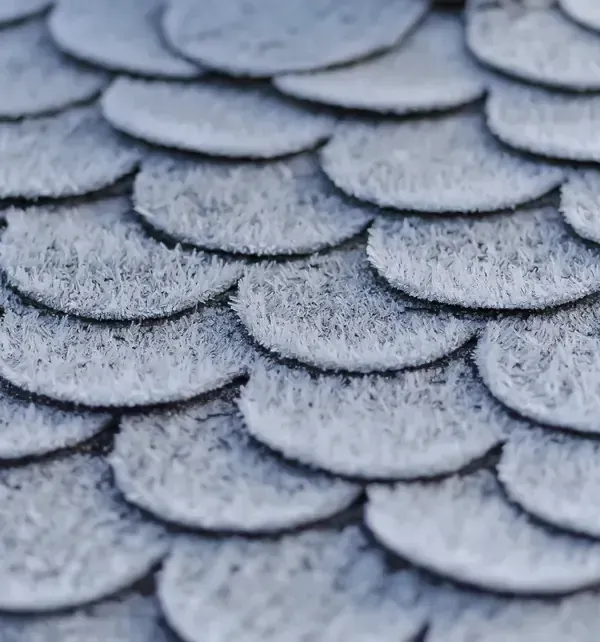 Close view of roof shingles after cold weather